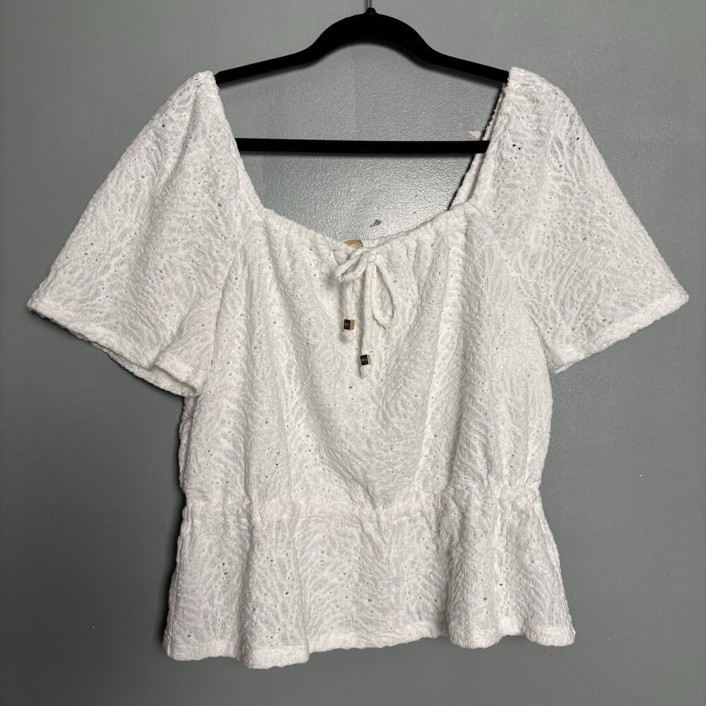MICHAEL KORS Womens White Square Neck Puff Shoulder White Top Shirt Blouse Large